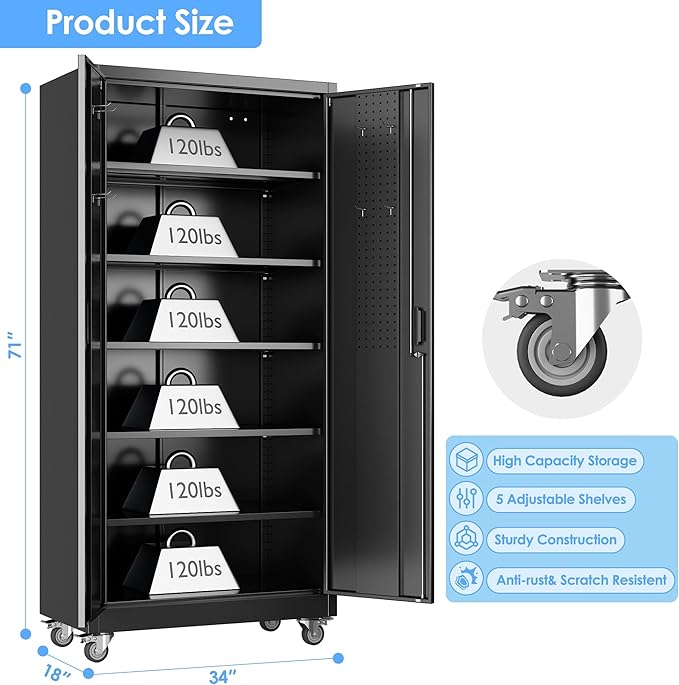 71" H×34" W×18" D Metal Garage Storage Cabinet - Image 3