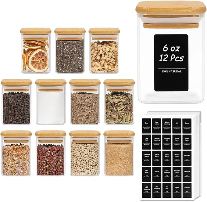 ComSaf Spice Jars with Labels 6 oz 12Pack, Small Spice Containers Starter Set by ComSaf