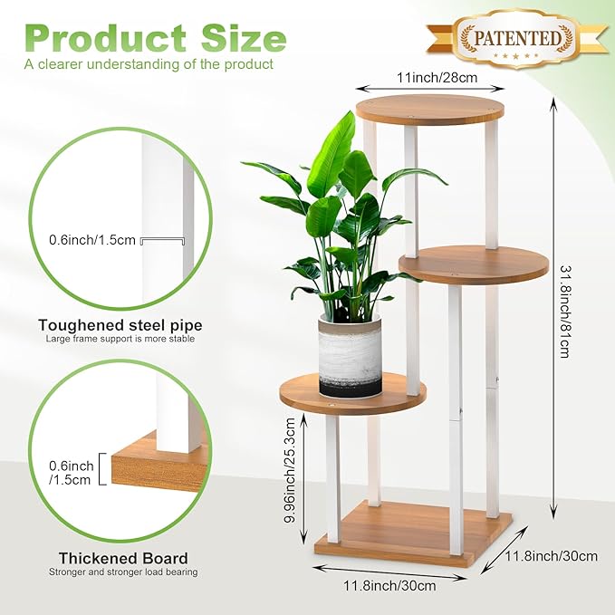 4 Tier Wood Tall Plant Stand Metal Rack Indoor, Round Planter Shelf Display - Image 2