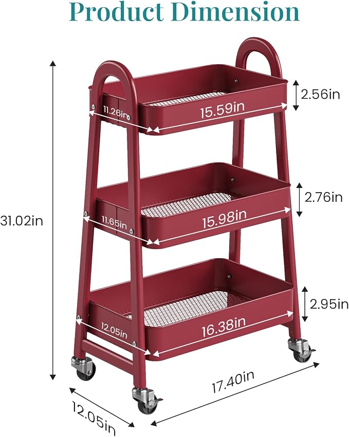 OLIXIS Metal 3 Tiers Utility Rolling Cart, Mobile Storage Shelf - Image 2