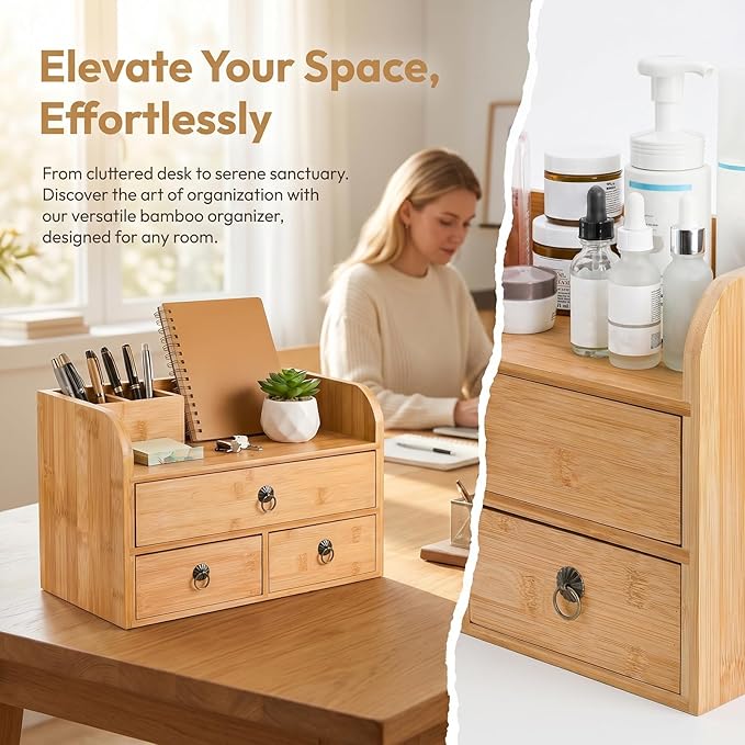 Nicunom Bamboo Desk Organizer, 3-Tier Bamboo Tabletop Storage Organization - Image 6