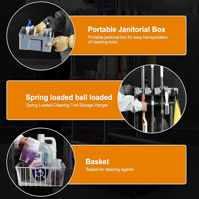 Rolling Cleaning Cart with Mop & Broom Organizer ， Convenient Storage Cart - Image 4