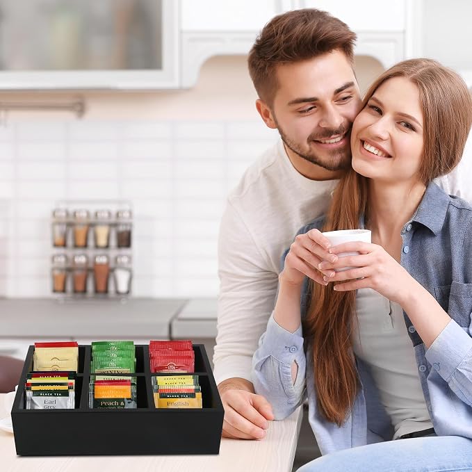 Tea Bag Box Black 6 Compartments Tea Organizer Storage Wood Drawer Station | - Image 7