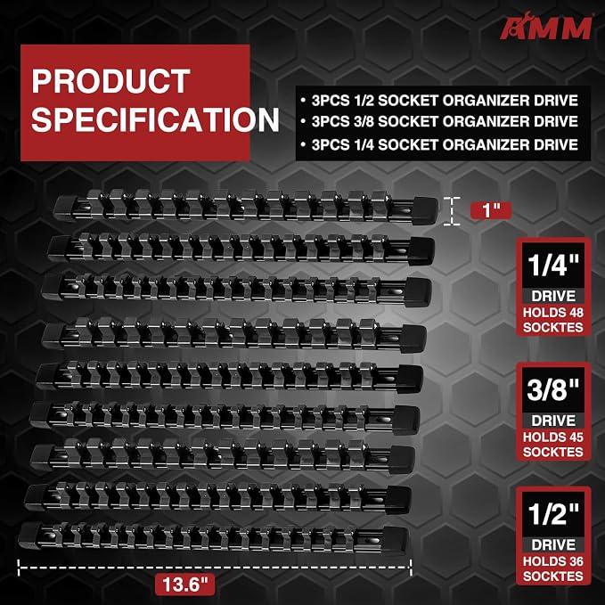 AMM 9-Piece Socket Organizer, 1/2 inch, 3/8 inch and 1/4 inch Drive ABS - Image 2
