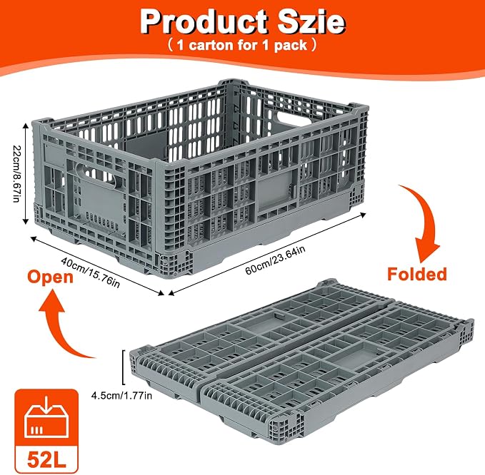 Collapsible Milk Crates for Storage, 52L Storage Crates, Heavy Duty Milk Crate - Image 2