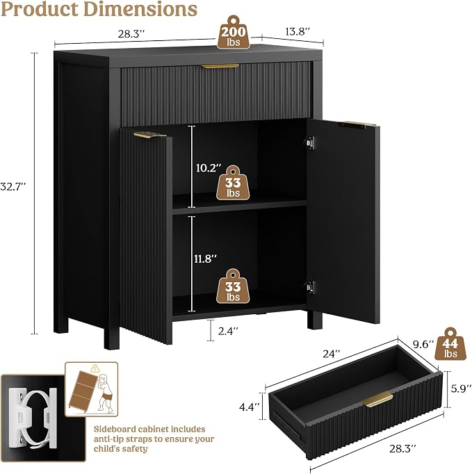 Lulive Fluted Buffet Cabinet for Kitchen, 28.3" Sideboard Cabinet Black | - Image 2