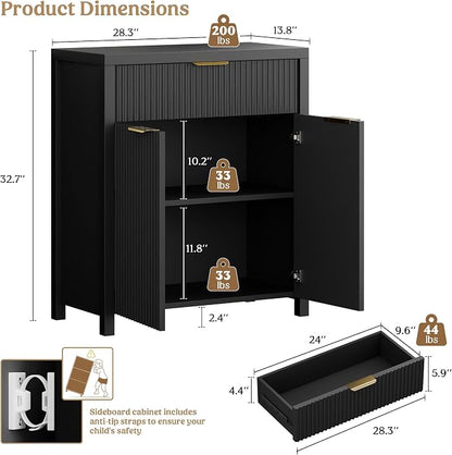 Lulive Fluted Buffet Cabinet for Kitchen, 28.3" Sideboard Cabinet Black | - Image 2