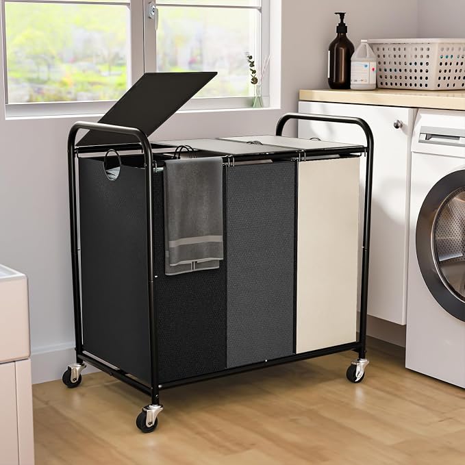 180L Laundry Sorter 3 Section, Rolling Laundry Basket by OLLDIDE