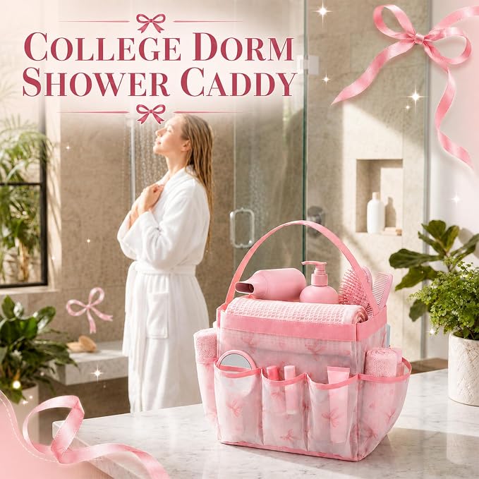 Pink Bow Mesh Shower Caddy for College Dorm Room, Coquette Preppy Hanging - Image 5