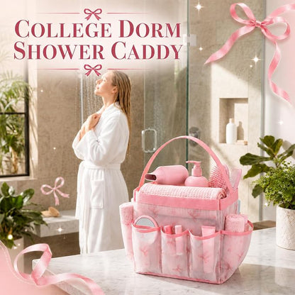 Pink Bow Mesh Shower Caddy for College Dorm Room, Coquette Preppy Hanging - Image 5