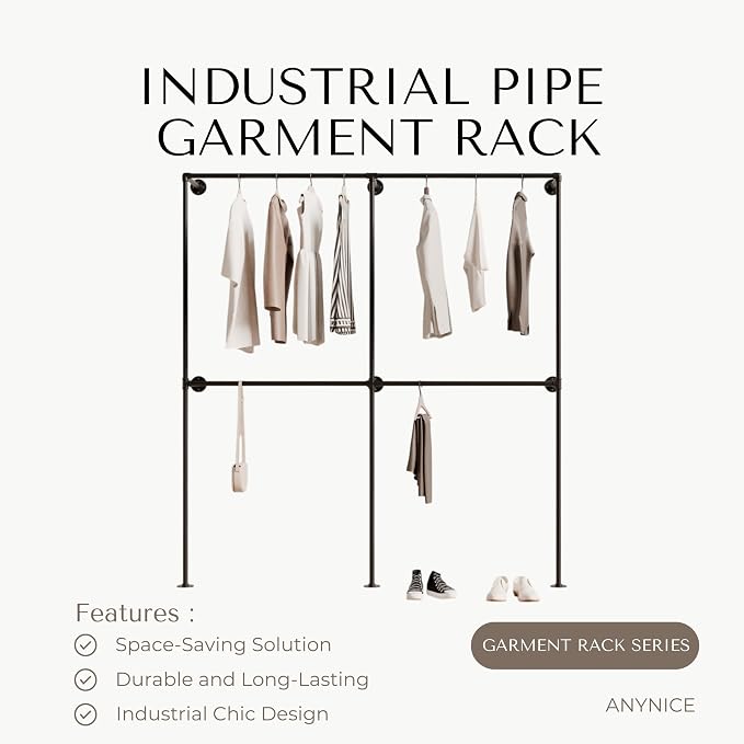 Industrial Pipe Clothing Rack, Heavy Duty Wall Mounted Clothes Rack, Retail - Image 2