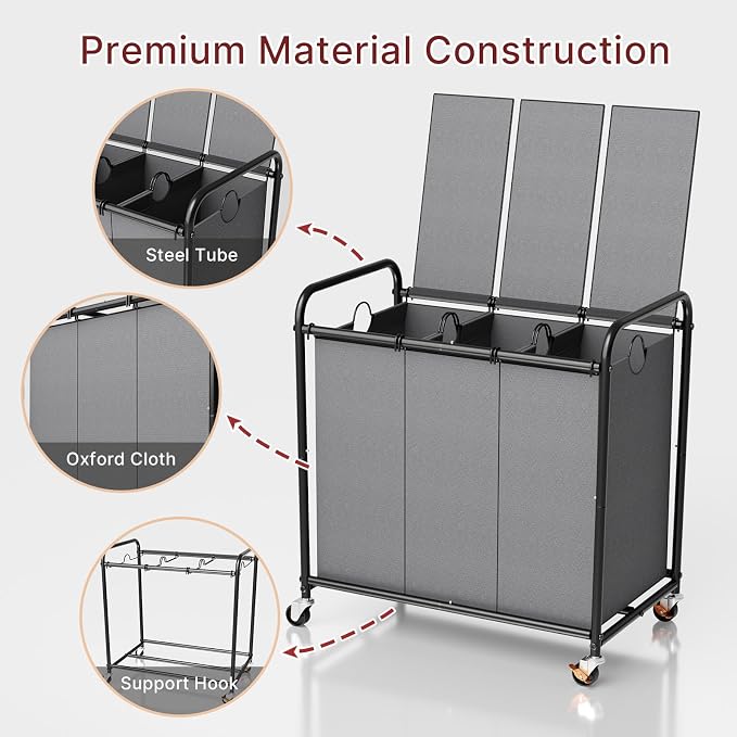 180L Laundry Sorter 3 Section – Heavy Duty Rolling Laundry Basket - Image 7