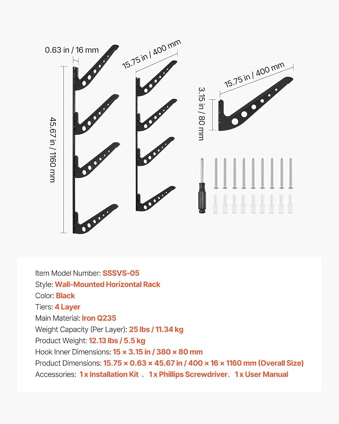 VEVOR Surfboard Wall Mount, 4 Tiers Horizontal Surfboard Rack - Image 7