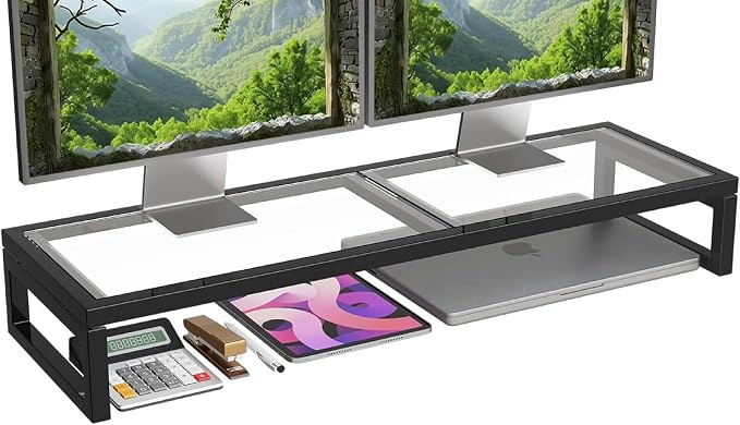 Simple Trending Dual Monitor Stand Riser, Tempered Glass Computer Desk Organizer by SimpleTrending
