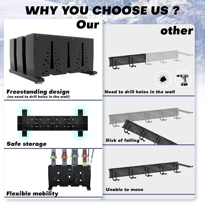 Heavy Duty Metal Ski Storage Rack, 12 Pair Freestanding Steel Ski Holder - Image 3