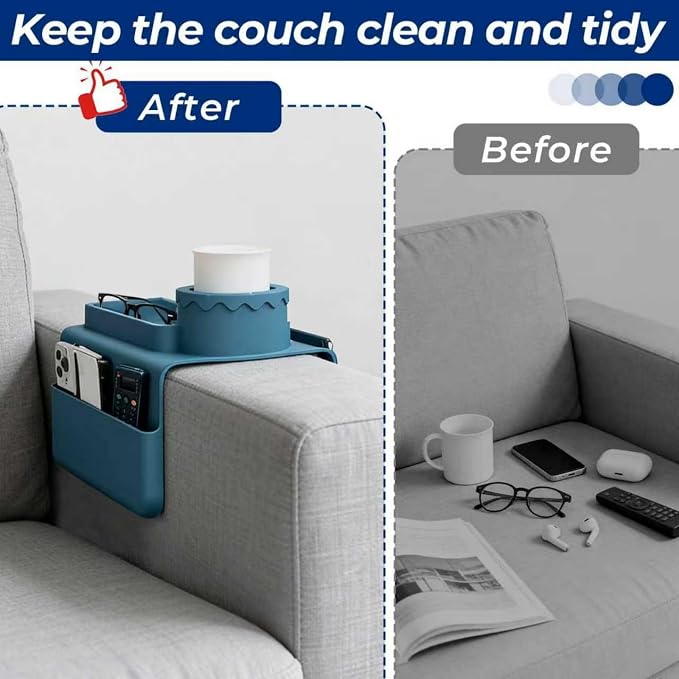 Silicone Couch Cup Holder Tray, 3-Side Sofa Armrest Organizer - Image 2
