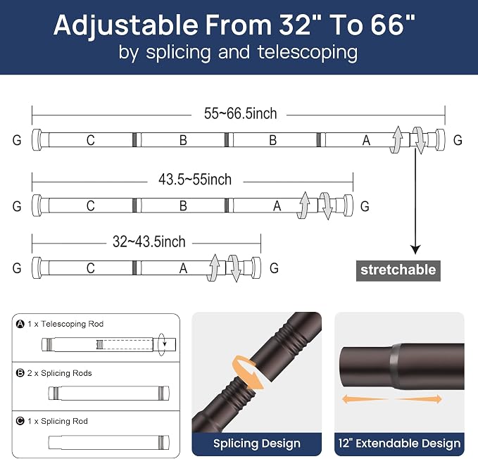ENJOYBASICS 2 Pack Tension Curtain Rod, 32-66" Adjustable, Bronze | Secure Hold - Image 3