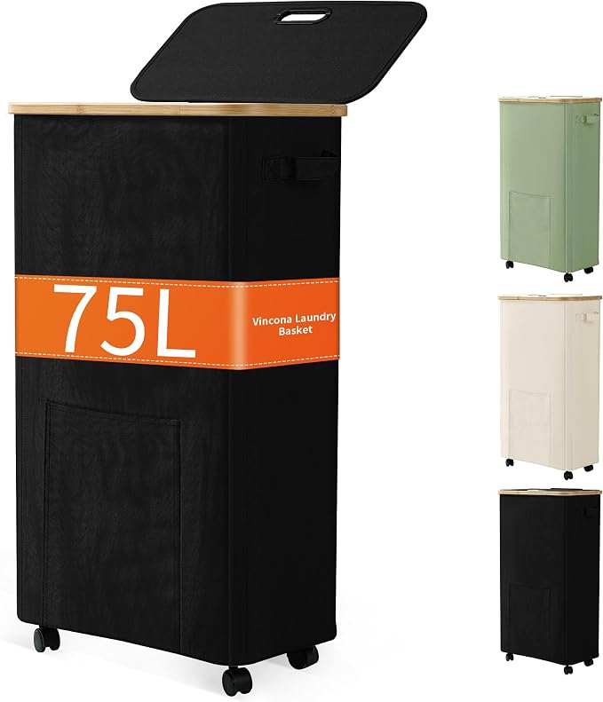 Laundry Basket with Wheels, Dirty Clothes Hamper on Wheels, Rolling Tall by Vincona