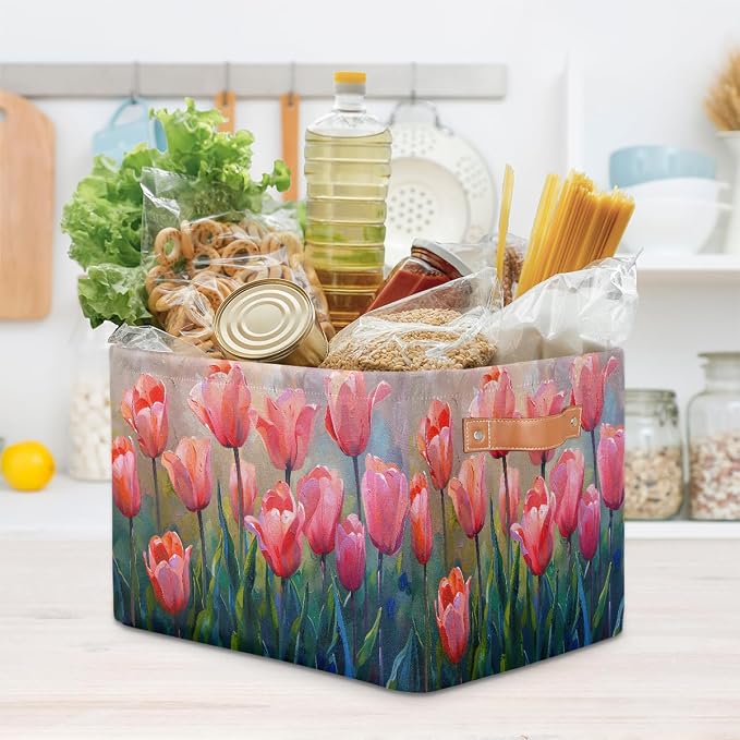 Basket Storage Bins Pink Painting Tulips Flower Rectangle Cube Basket Box Kids - Image 7