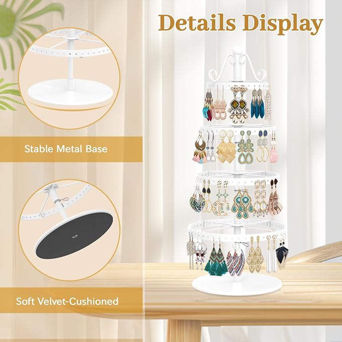 MODOWEY Rotating Earring Holder Organizer Stand, 4 Tier Adjustable Metal - Image 5