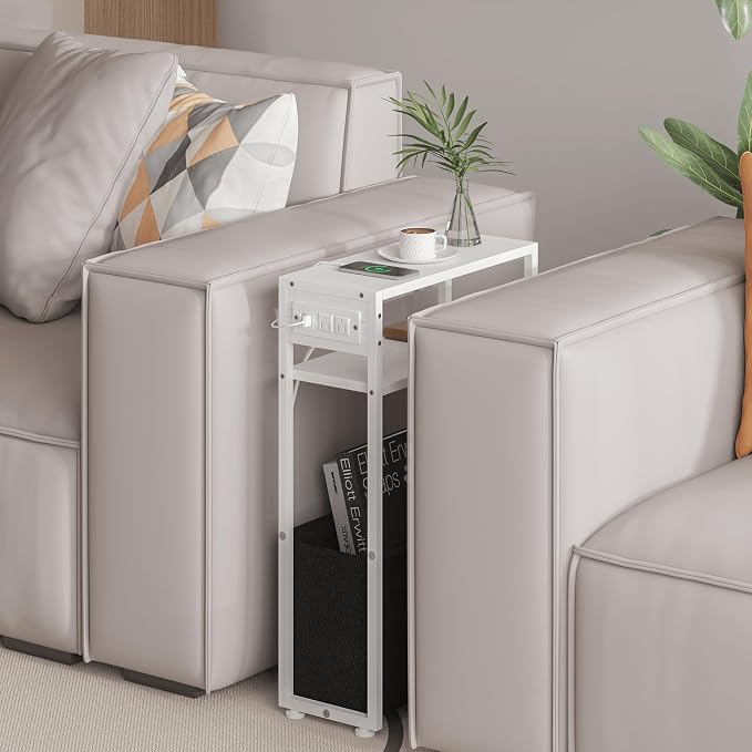 White Side Table with Charging Station, Slim End Tables with Fabric Basket - Image 4