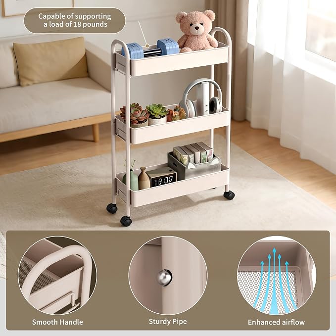 Slim Rolling Cart, Metal Frame Utility Rolling 3-Tier Narrow Storage Cart | - Image 7