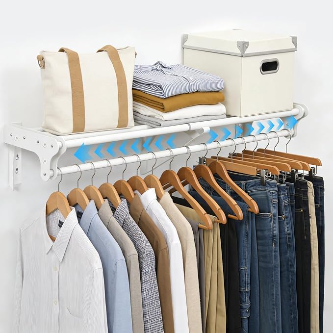 Closet Shelf with Hanging Rod, 28-48'' Expandable Closet Rod with Shelf | Wall by Vrietina