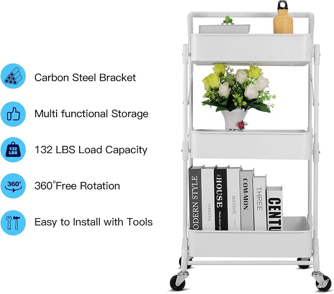 Foldable 3 Tier Metal Utility Rolling Cart, Folding Mobile Multi-Function - Image 3