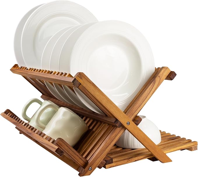 Utoplike Large Teak Dish Drying Rack, Wooden 3 Tier Collapsible Dish Draine by Utoplike