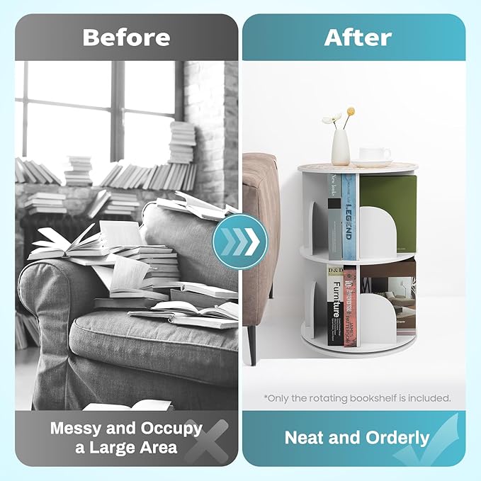 2-Tier Rotating Bookshelf 360° Revolving Bookcase, Floor Standing Bookcase Book - Image 6