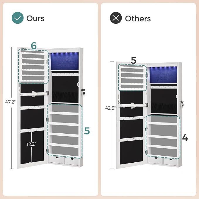 SONGMICS 6 LEDs Mirror Jewelry Cabinet, 47.2-Inch Tall Lockable Wall or Door - Image 7