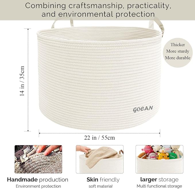 Extra Large Storage Laundry Basket 22" X 22"X 14" Cotton Rope Woven Basket - Image 3