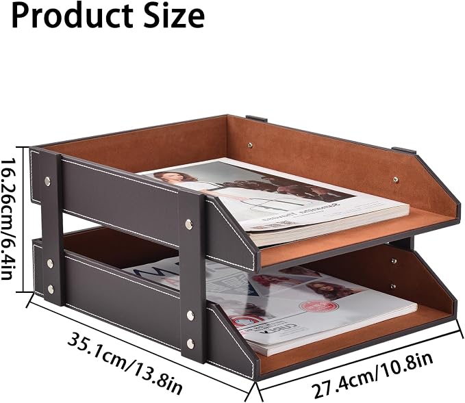 Leather Desk Organizer, 2-Tier Stackable Letter Tray Holder, Office Supplies - Image 2