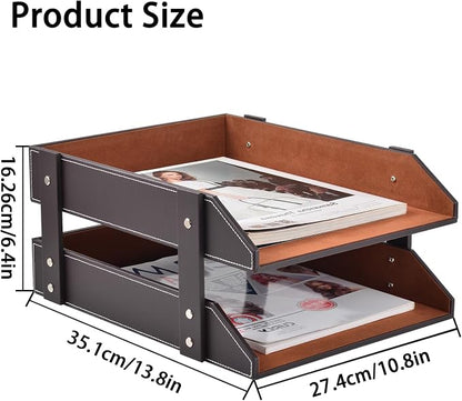 Leather Desk Organizer, 2-Tier Stackable Letter Tray Holder, Office Supplies - Image 2