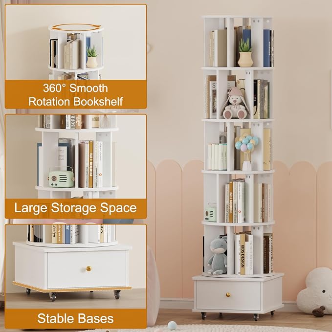 Rotating Bookshelf with Drawers on Lockable Wheels Wood White | 6 Tier Spinning - Image 4