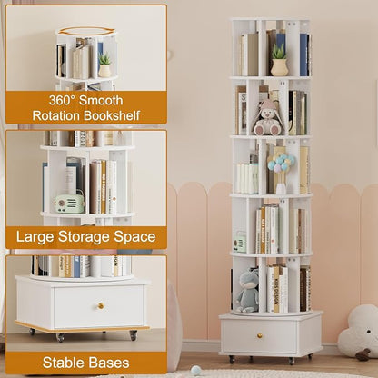 Rotating Bookshelf with Drawers on Lockable Wheels Wood White | 6 Tier Spinning - Image 4