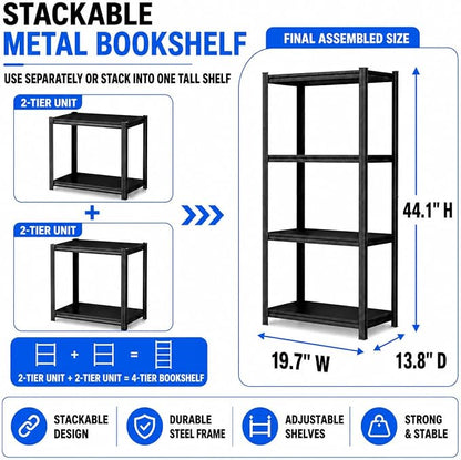 4-Tier Heavy Duty Metal Bookshelf, 2000LBS Adjustable Industrial Bookcase - Image 2