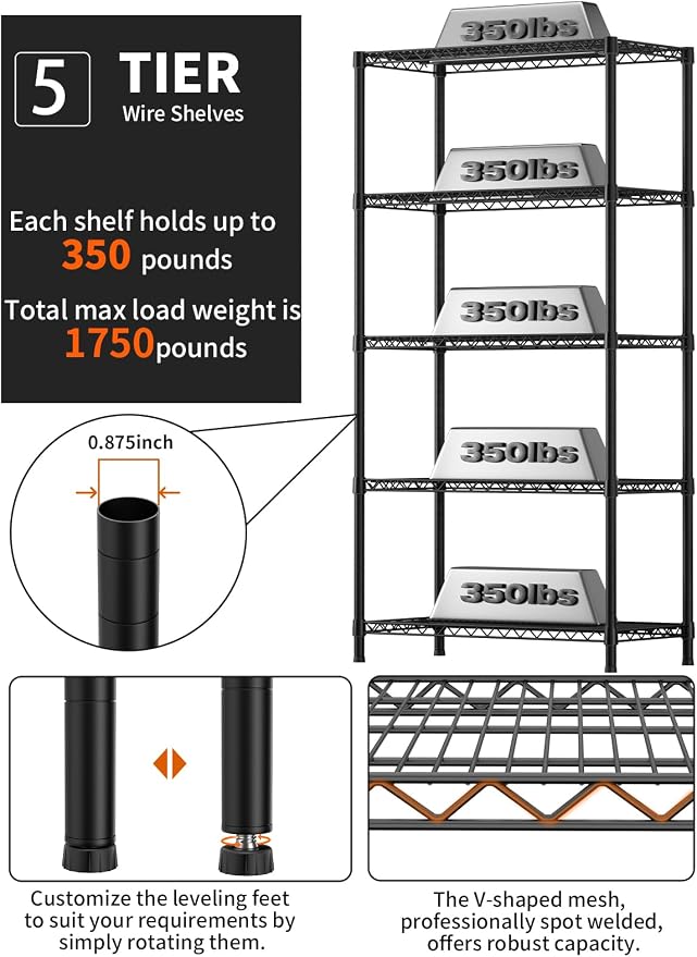 5 Tier Heavy Duty Adjustable Storage Shelf Organizer Storage Metal Shelves - Image 4