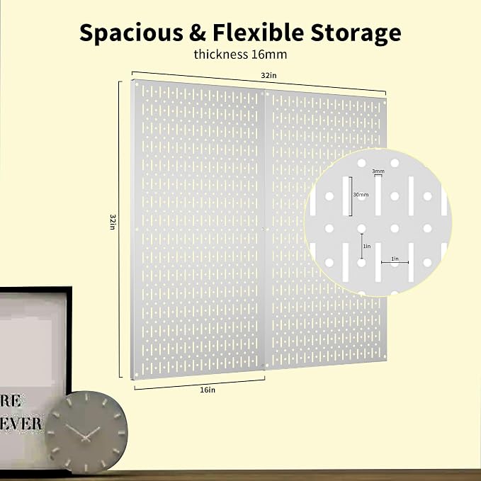 Pegboard Wall Organizer 2 PCS 32" x 16" Silvery Peg Board Metal Pegboard Panels - Image 3