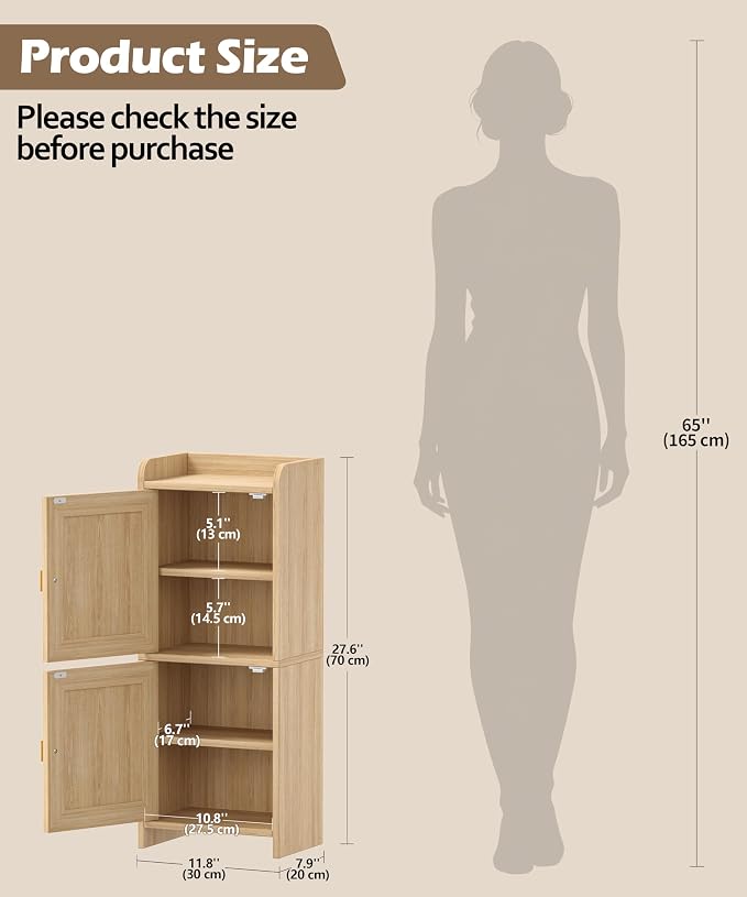 Akxomel Rattan Small Bathroom Cabinet Narrow Toilet Paper Organizer Oak | - Image 3