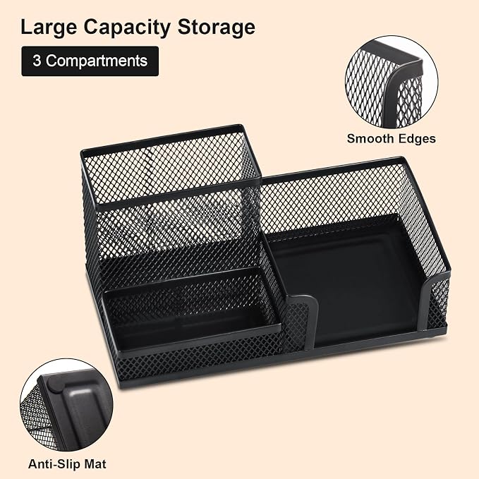 Comix Mesh Pen Pencil Holder Desk Organizer, 3 Compartment Wire Desktop Pen - Image 3