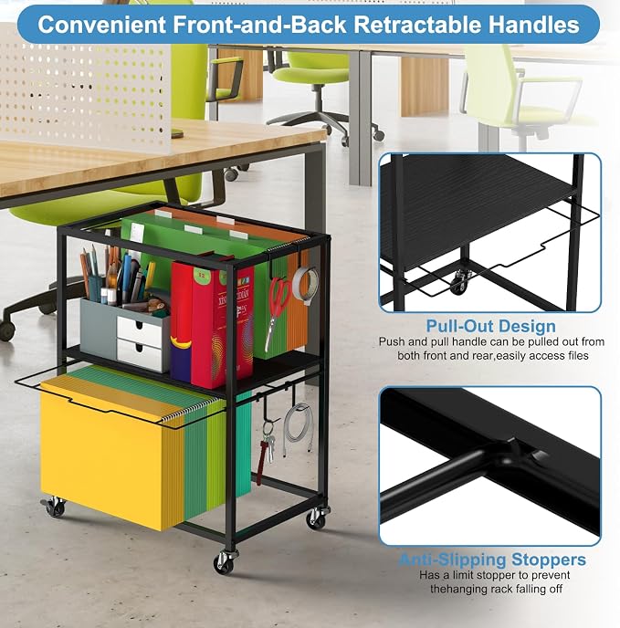 Sunexinlo Rolling File Cart for Letter/Legal Size 2-Tier, Hanging File Organizer - Image 5
