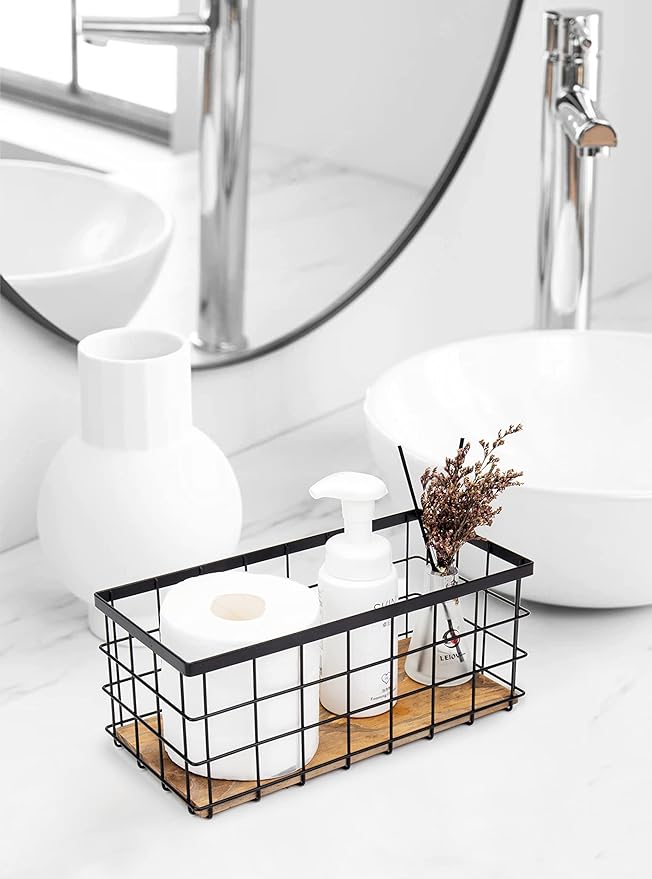 TIEYIPIN Farmhouse Decor Metal Wire Storage Baskets, Wood Base Containers - Image 2