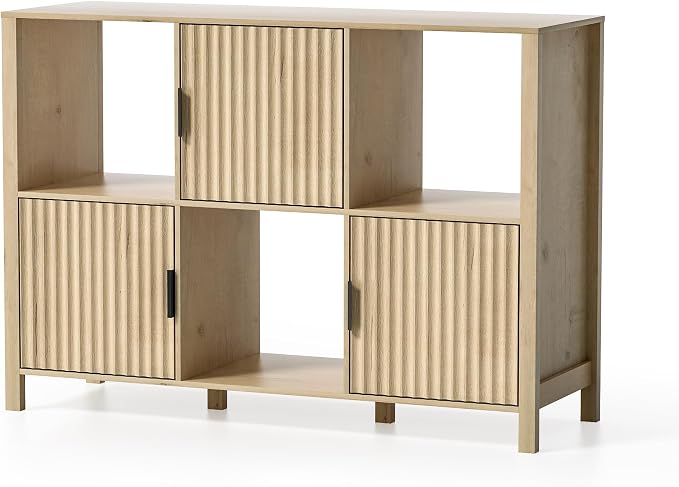 Fluted Storage Bookshelf Set of 2, Modern Wood Floor 6 Cube Bookcase - Image 8