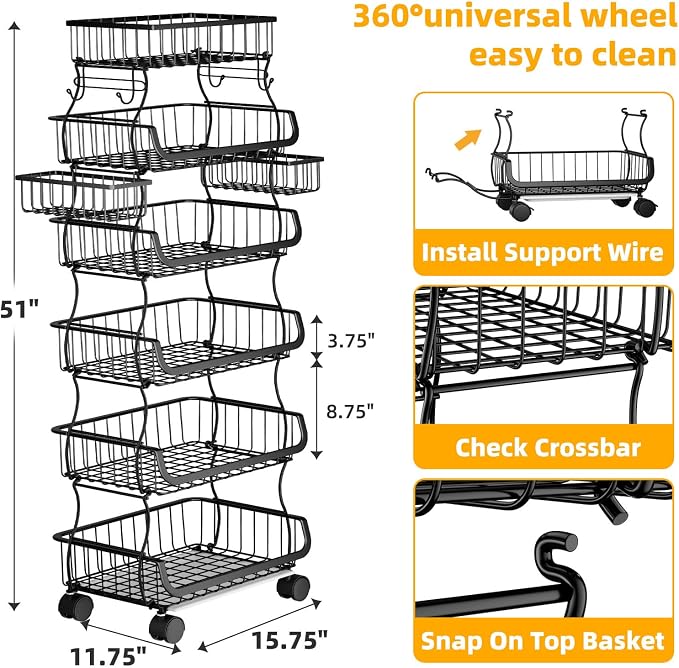 Simple Trending 6 Tier Rolling Cart, Stackable Fruit Vegetable Basket - Image 6