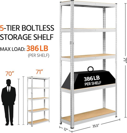 Yaheetech 5-Tier Heavy Duty Storage Shelves 35.5" W x 12" D x 71" H Silver | - Image 3