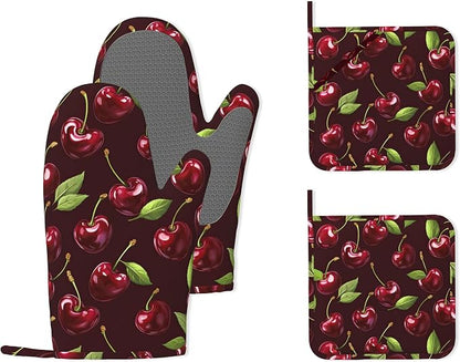 Red Cherry Heat-Resistant Silicone Oven Mitts and Pot Holders, Long Oven Gloves by Unknown