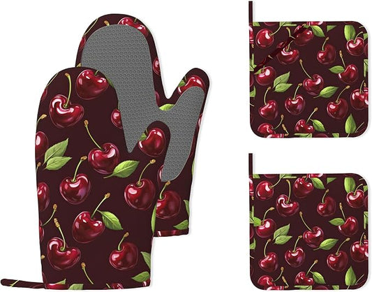 Red Cherry Heat-Resistant Silicone Oven Mitts and Pot Holders, Long Oven Gloves by Unknown