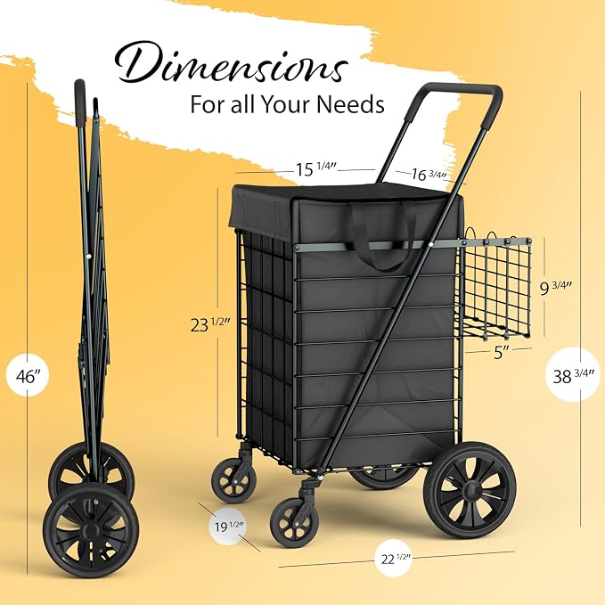Shopping Cart w/Waterproof Basket Liner & 360° Swivel Wheels | Foldable - Image 2