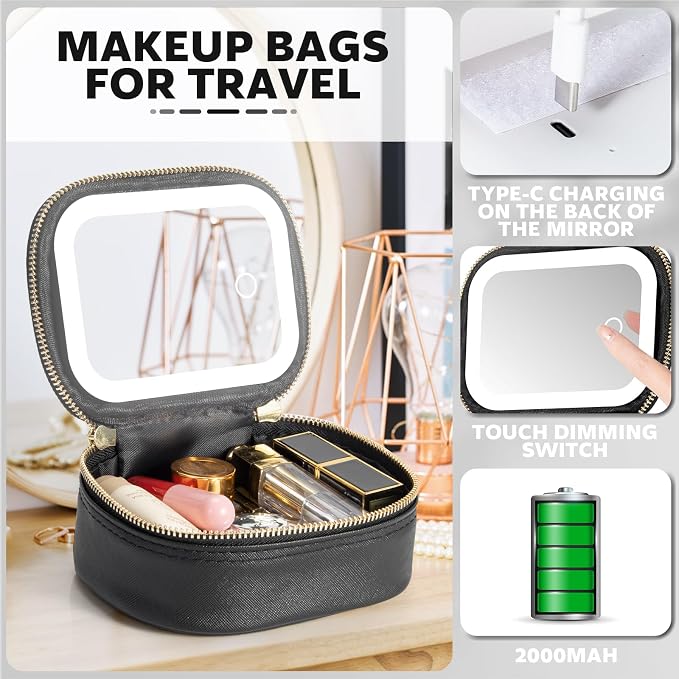 Small Makeup Bag with Led Mirror, Mini Travel Make up Bag 3 Light Modes - Image 3